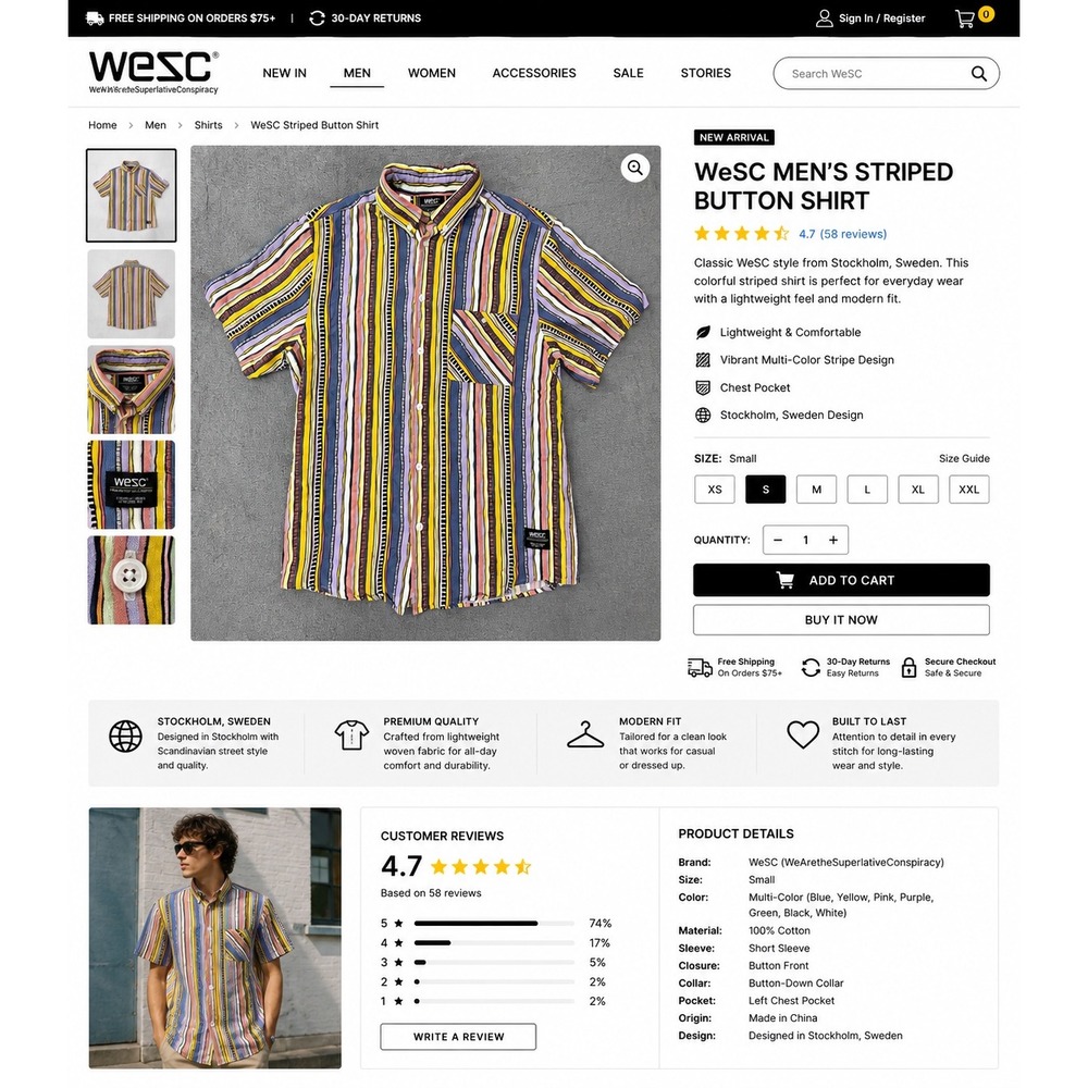 WeSC Men's Small Multicolor Striped Short Sleeve Button Front Stockholm Sweden